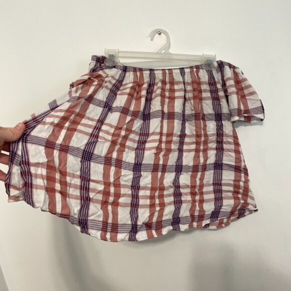 EXPRESS Plaid Off the Shoulder Blouse White Mauve Rose Pink Short Sleeve Summer - Picture 7 of 12